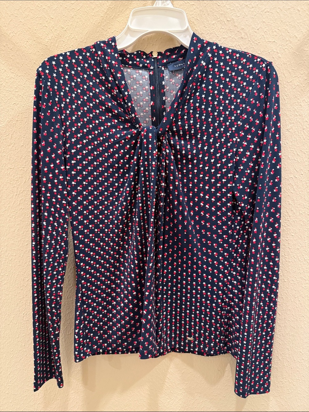 Tommy Hilfiger Navy Tie-Neck Blouse with Red & White Star Print